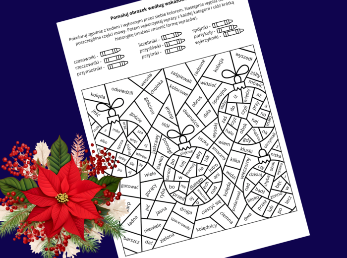 🎄✨CZĘŚCI MOWY - Kolorowanka ze stroikiem bożonarodzeniowym – edukacyjna i świąteczna! - 🎅Boże Narodzenie - GRAMATYKA - nauka o języku - klasy 6-8