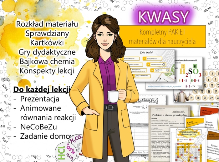 Chemia. Klasa 8. Kwasy nieorganiczne. Kompletny PAKIET materiałów do całego działu dla nauczyciela. Prezentacja. Karta pracy. Gra dydaktyczna. Zadanie. Powtórzenie wiadomości. TEST. Kartkówka. Sprawdzian.