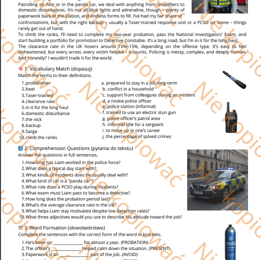 Karta pracy Work in the UK Police ze słowniczkiem i kluczem odpowiedzi