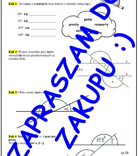 Kąty - karta pracy lub kartkówka. Klasy 6-8 SP.