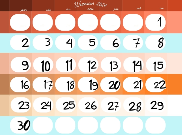 Wrzesień 2024, kartka z kalendarza, A4, 2szt. A4 i 9szt.A4