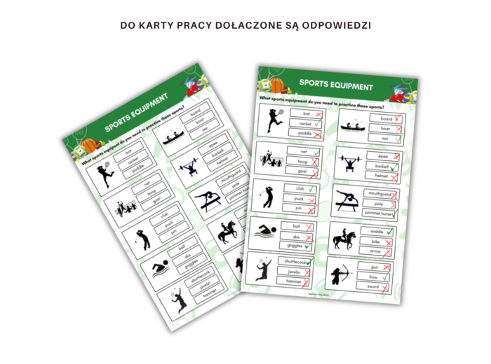 Summer Olympics Vocabulary Worksheet Set, names of sports and equipment - Igrzyska Olimpijskie, Słownictwo, Karty pracy, nazwy sportów i wyposażenia, dodatkowo mini karty obrazkowe i wyrazowe do gry w memory, angielski dla sportowców