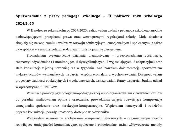 Sprawozdanie z pracy pedagoga szkolnego – II półrocze roku szkolnego 2024/2025 nowe