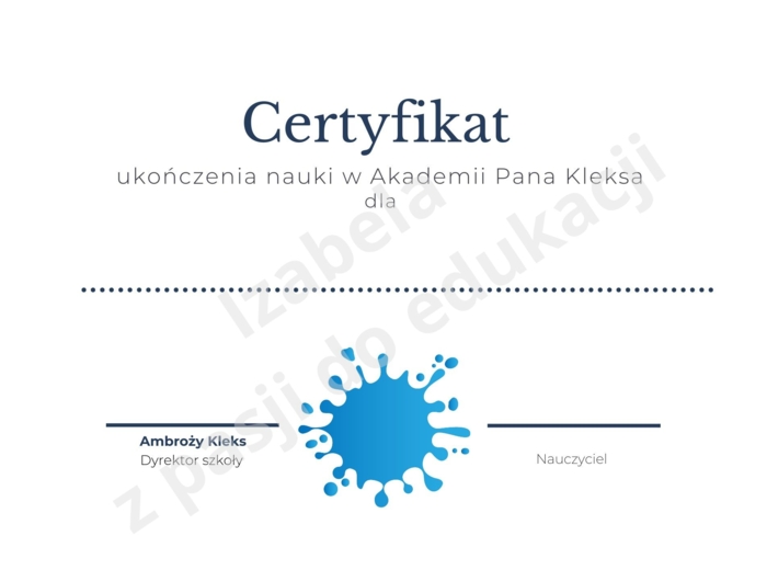 Certyfikat dla ucznia - "Akademia Pana Kleksa"