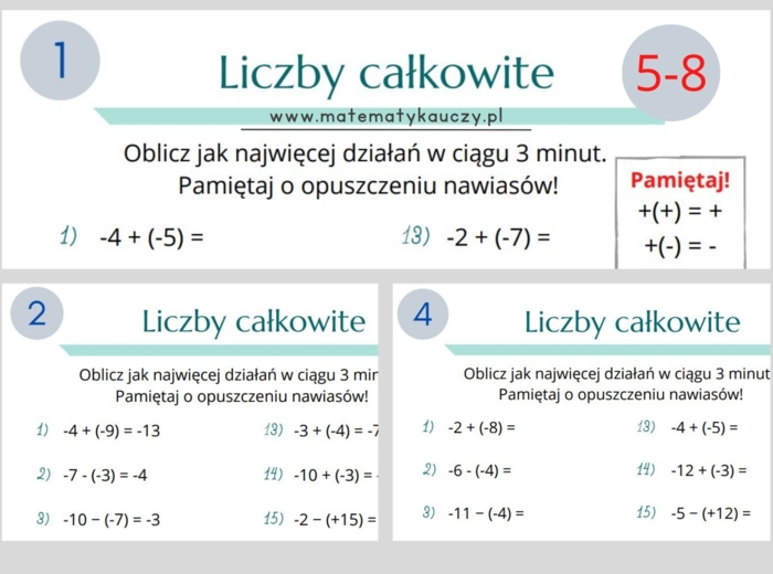 Dodawanie i odejmowanie LICZB CAŁKOWITYCH z NAWIASAMI / Karty pracy PDF kl. 5-8 + ROZWIĄZANIA