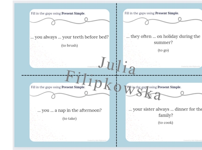 Present Simple/ Karty do mówienia/ Mówienie/ Speaking/ Konwersacje/ Klasy 4-8/ Klasy 4-6/ Klasy 6-8/ SP/ Warm-up/ Rozgrzewka/ Speaking cards/ Gramatyka/ Grammar/ Speaking cards grammar/ Grammar cards/ E8