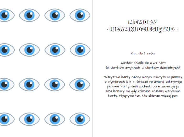 Gry - ułamki dziesiętne (czarny Piotruś, wojna, oczko, memory) klasa 4, 5, 6
