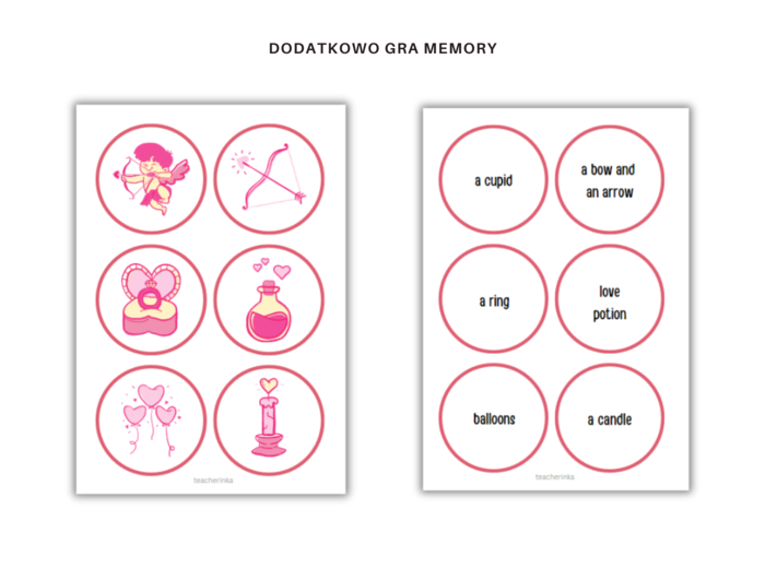 Valentine's Day Vocabulary - Angielski na Waletynki, zestaw 4 kart pracy do ćwiczenia słownictwa związanego z miłością, związkami i walentynkami + dodatkowa gra memory z 18 słówkami