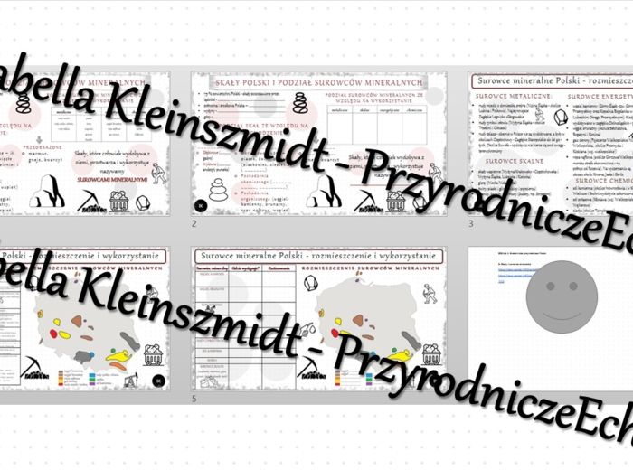 Minizestaw na temat „Skały i surowce mineralne” – sketchnotka + karta pracy w power point + gratisowy link do prezentacji multimedialnej niekomercyjnej wykonanej w genial.ly do indywidualnego pobrania i użycia do celów niekomercyjnych. Geografia 7, „Środ