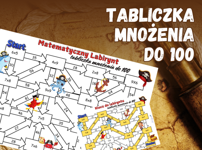 MATEMATYCZNY LABIRYNT - tabliczka mnożenia do 100, klasa 3, 4, 5, piracka karta pracy