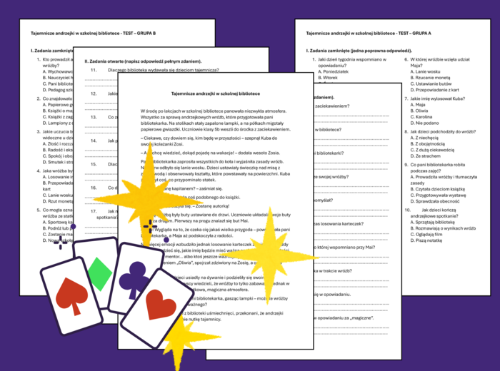 🔮ANDRZEJKI - Test - CZYTANIE ZE ZROZUMIENIEM – „Tajemnicze andrzejki w szkolnej bibliotece” (2 grupy) - KL. 4-6 + ODPOWIEDZI