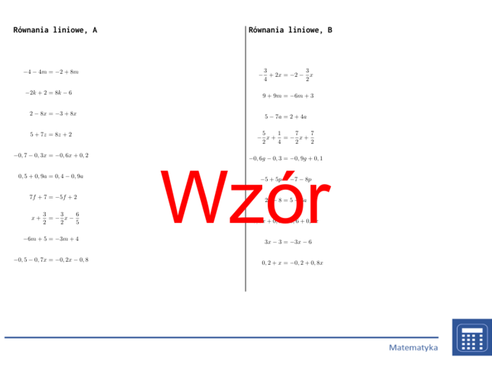 Równania liniowe | matematyka, algebra | 26 kolumn