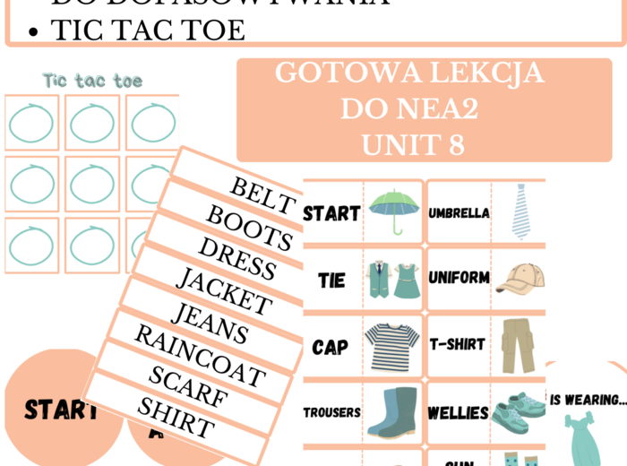 Gotowa lekcja do podręcznika New English Adventure 2 UNIT 8 – CLOTHES, prezentacja, flashcards, gra domino, gra stolikowa, karty do budowania zdań He's wearing/She's wearing, gra Tic Tac Toe
