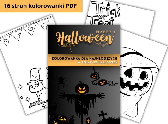 Kolorowanka dla przedszkolaków o tematyce Halloween . 16 stron pdf .