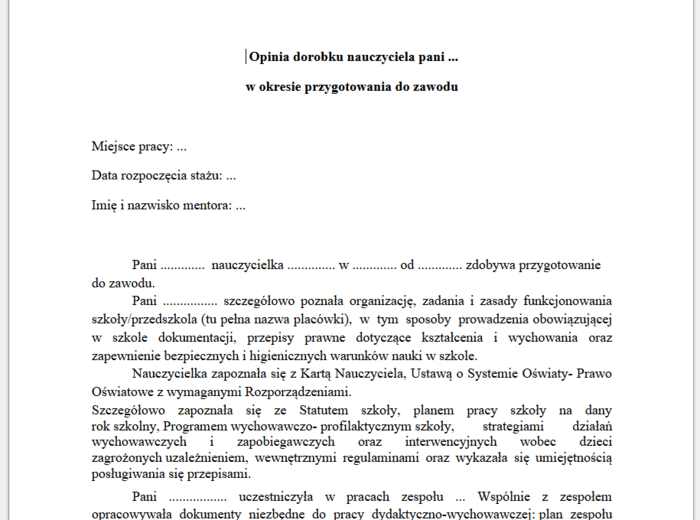 Opinia mentora na temat dorobku nauczyciela odbywającego przygotowanie do zawodu WZÓR