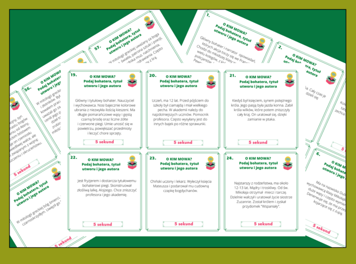 O KIM MOWA? – bohaterowie – LEKTURY obowiązkowe i uzupełniające – kl. 4-8 – gra „5 sekund” - 126 fiszek + ODPOWIEDZI - egzamin - powtórka