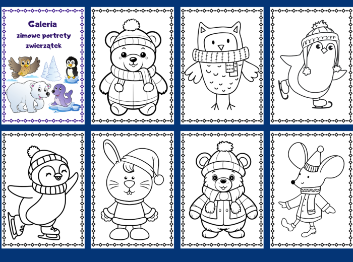ZIMA - kolorowanka - zwierzątka – kolorowanki – biblioteka – świetlica – przedszkole – 34 wersje