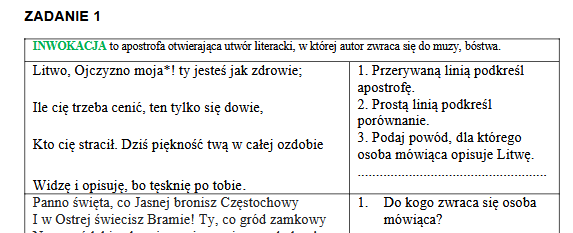 Pan Tadeusz - zadania do lektury wraz z odpowiedziami