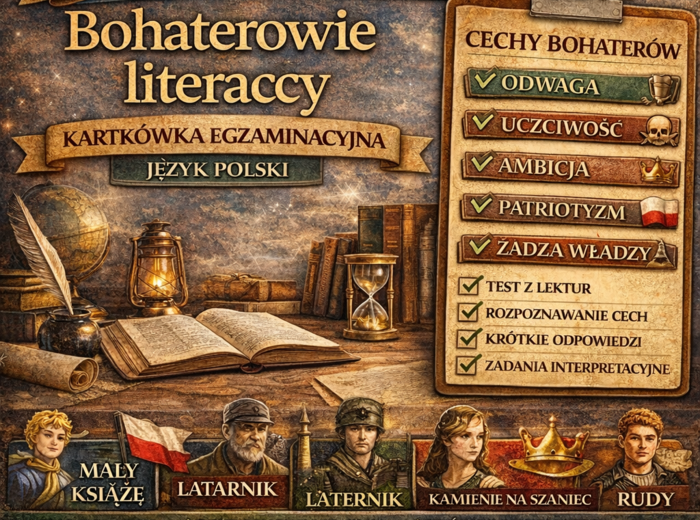 📚 Bohaterowie literaccy – cechy i postawy | kartkówka egzaminacyjna | powtórka przed egzaminem ósmoklasisty (15 zadań)