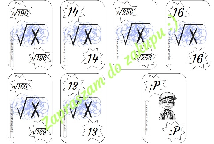 Gra Matematyczny Piotruś - pierwiastki kwadratowe (39 kart).