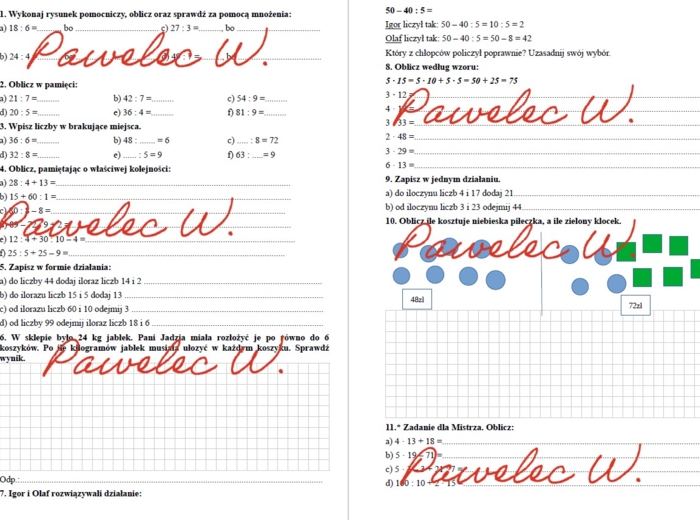 Dodawanie i dzielenie, kolejność wykonywania działań - sprawdzian, karta pracy, kl. 3, 4