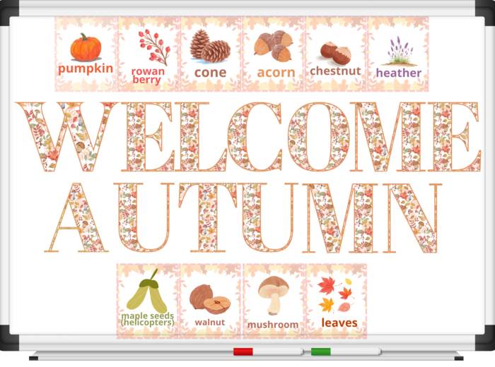 Welcome autumn - witaj jesień – gazetka szkolna, literki oraz dary jesieni, szablon canva- wersja angielska
