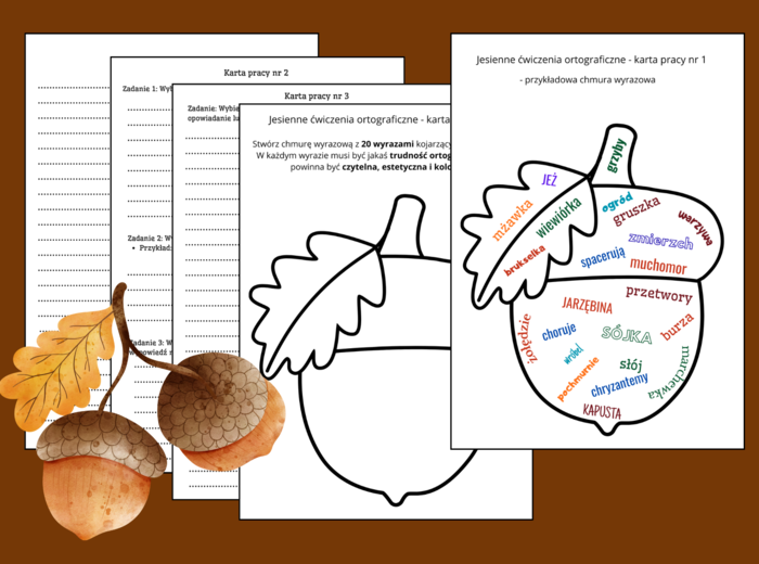 🍁JESIENNE ĆWICZENIA ORTOGRAFICZNE I REDAKCYJNE 🍂 - Chmura wyrazowa o jesieni – kreatywne zadania językowe dla uczniów - karty pracy - klasy 4-8 - JESIEŃ - ortografia