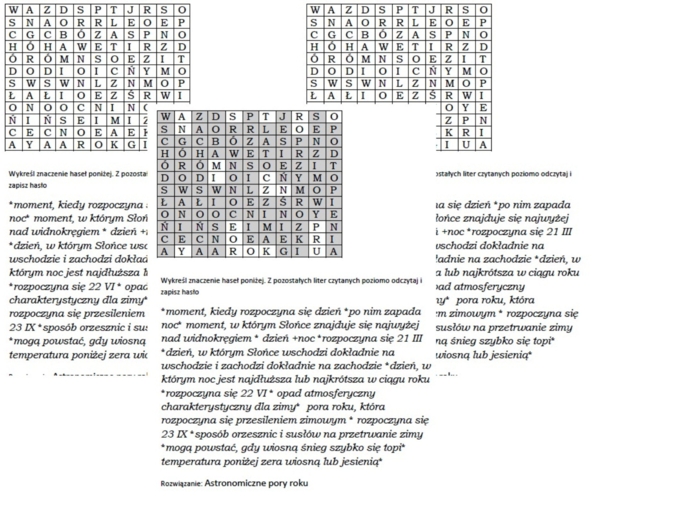 Wykreślanka dla klasy 4 na podsumowanie lekcji o "wędrówce" Słońca po niebie i porach roku