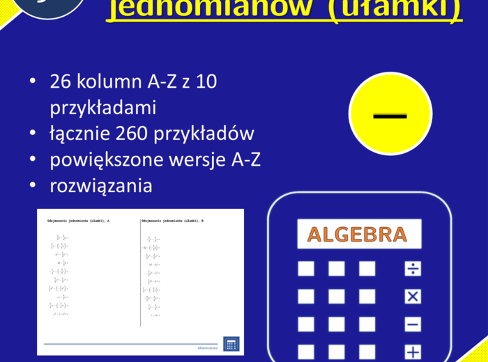 Odejmowanie jednomianów (ułamki) | matematyka, algebra | 26 kolumn