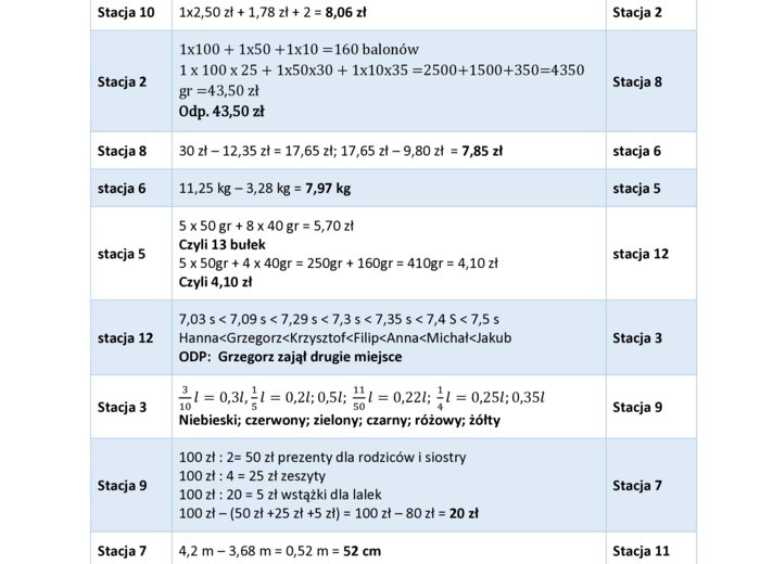 Stacje zadaniowe z ułamków dziesiętnych, lekcja w terenie.
