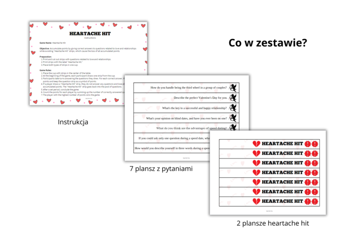 "Heartache Hit" - Love and Relationships Question Cards for Valentine's Day- 49 pytań związanych z miłością i związkami na Walentynki, gra w sylu kaboom dla poziomu średniozaawansowanego
