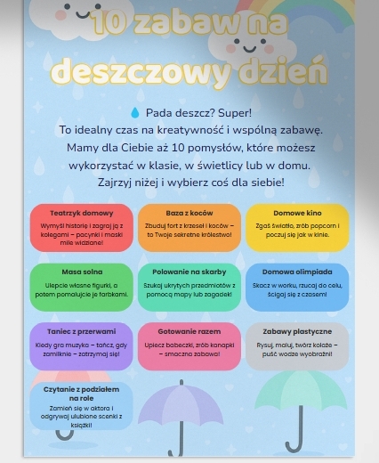 10 zabaw na deszczowy dzień. PLAKAT