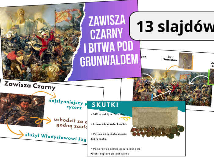 Prezentacja multimedialna- Zawisza Czarny i Bitwa pod Grunwaldem, zgodna z podstawą programową, możliwość edycji, Materiał cyfrowy