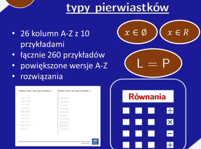 Równania liniowe, różne typy pierwiastków | matematyka, algebra | 26 kolumn