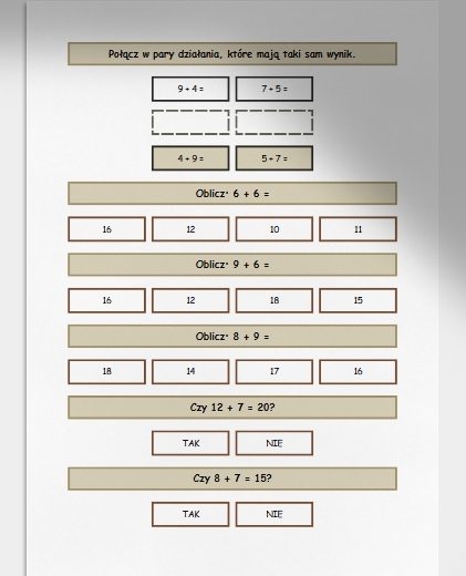 Dodawanie w zakresie do 20. Karta pracy. Sprawdzian