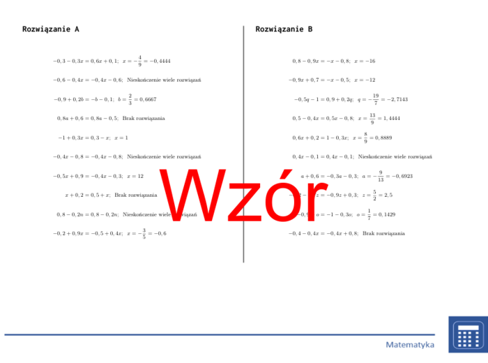 Równania liniowe (liczby dziesiętne), różne typy pierwiastków | matematyka, algebra | 26 kolumn
