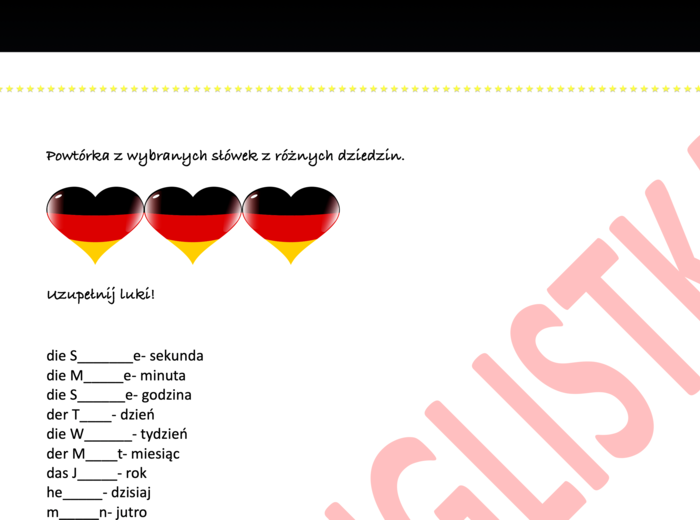 MEGA powtórka ze słownictwa z różnych dziedzin z j. niemieckiego- PONAD 100 wyrazów z lukami- egzamin ósmoklasisty/ matura