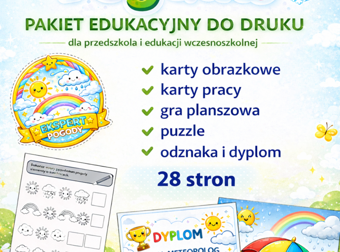 Pogoda – pakiet edukacyjny do druku (28 stron) | karty obrazkowe, karty pracy, gra, puzzle, dyplom, odznaka