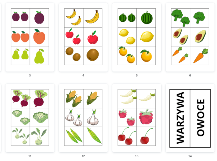 Warzywa i owoce - zabawa z cyfrą 1 i 2
