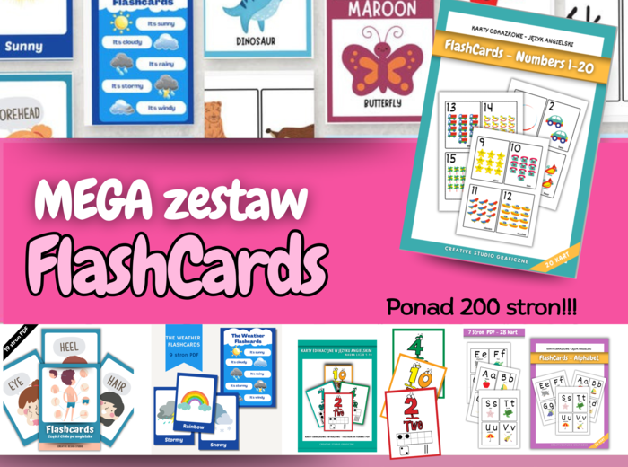📚 MEGA Zestaw FlashCards w języku angielskim- ponad 200 stron!