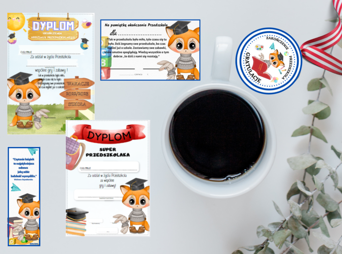 Pakiet dyplomów na zakończenie z różnymi postaciami