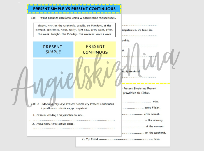 Present Simple vs Present Continuous - określenia czasu - karta pracy ćwiczenia karta pracy powtórka egzamin ósmoklasisty angielski