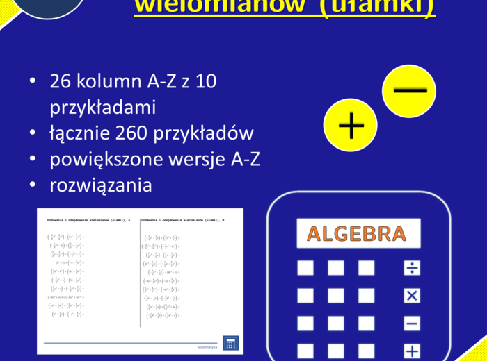 Dodawanie i odejmowanie wielomianów (ułamki) | matematyka, algebra | 26 kolumn