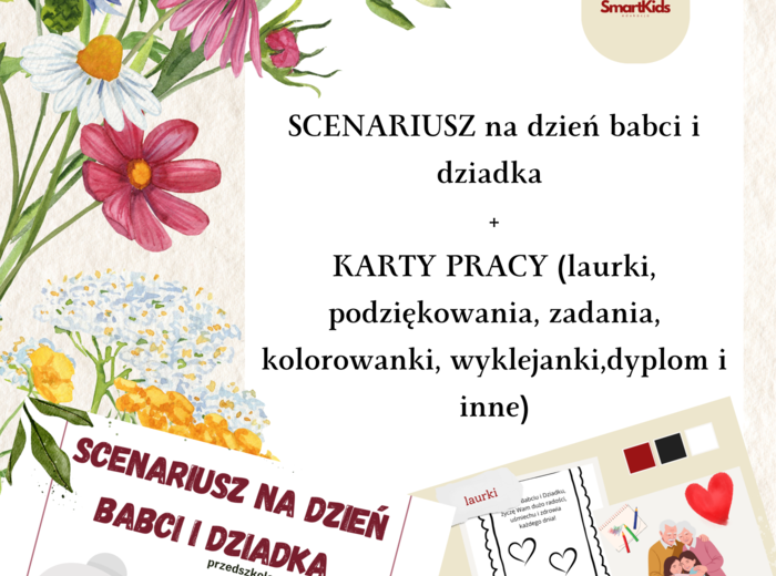 PAKIET- SCENARIUSZ+KARTY PRACY I LAURKI NA DZIEŃ BABCI I DZIADKA