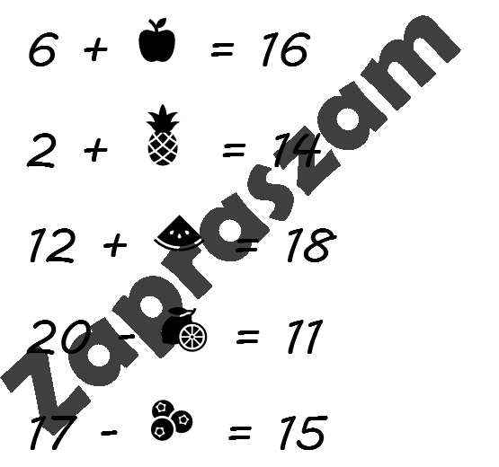 Dodawanie i odejmowanie do 20. Jakie liczby ukryły się pod owocami?