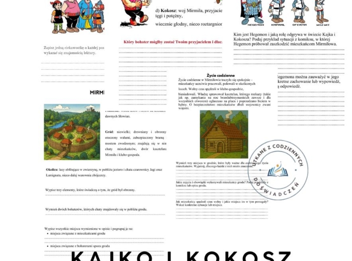 Zestaw 5 kart pracy do komiksu Kajko i Kokosz. Szkoła latania