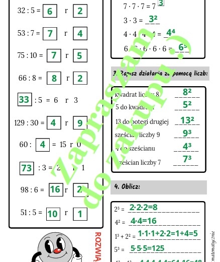 Dzielenie z resztą, kwadraty i sześciany liczb - karta pracy.