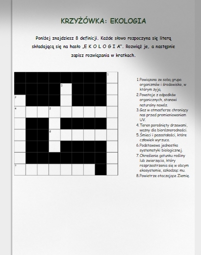 Zagadki i krzyżówki na temat ekosystemów, ochrony przyrody, recyklingu.