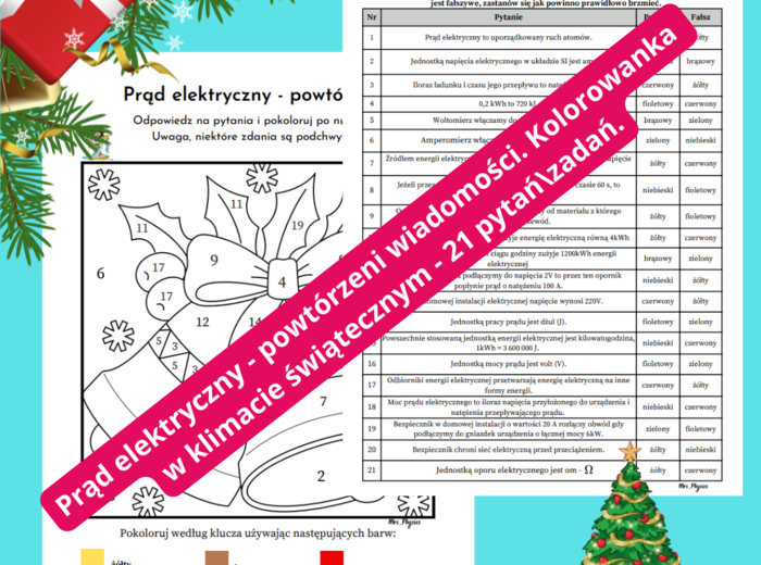 Fizyka. Kl 7,8 . Prąd elektryczny - powtórzenie. Kolorowanka w świątecznym klimacie. 21 zadań/pytań prawda/fałsz.