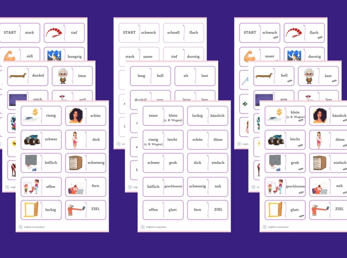 Niemiecki: Przymiotniki; 3 zestawy DOMINO; poziom A1/A2